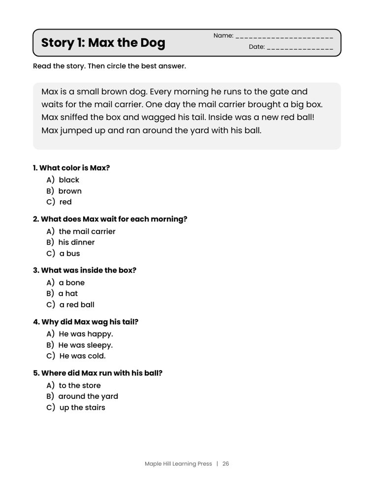 Sample reading page with a short story